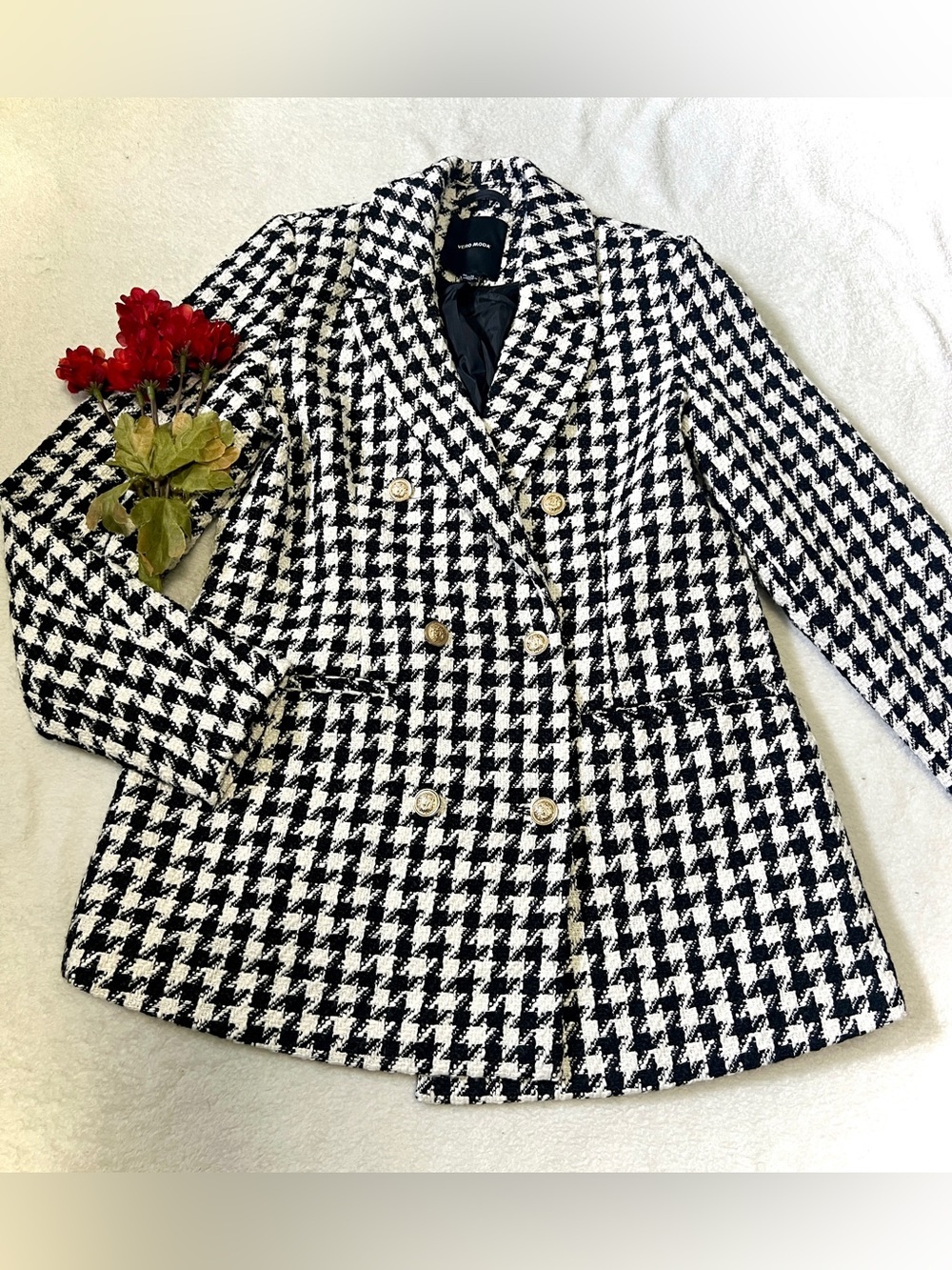 Vero Moda Houndstooth Tweed Double Breasted Blazer - Size 4